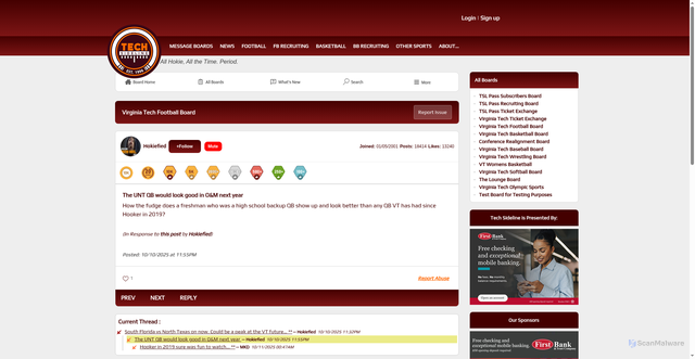 Security scan screenshot of https://virginiatech.sportswar.com/message_board/vtfootball/68e99cd99bea330013eb3850