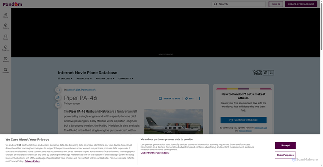 Security scan screenshot of https://impdb.fandom.com/wiki/Category:Piper_PA-46