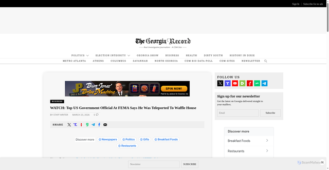 Security scan screenshot of https://www.georgiarecord.com/business-ga/2026/03/23/watch-top-us-government-official-at-fema-says-he-was-teleported-to-waffle-house/
