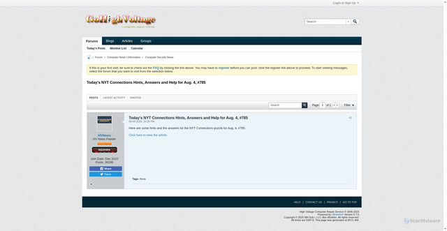 Security scan screenshot of https://www.gohighvoltage.com/forum/forum/computer-news-information/computer-security-news/35612-today-s-nyt-connections-hints-answers-and-help-for-aug-4-785