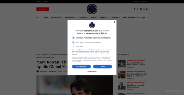 Security scan screenshot of https://193countriesconsortium.com/2025/01/marc-rowan-the-mastermind-behind-apollo-global-management/