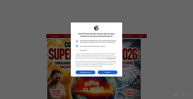 Security scan screenshot of https://endoftheamericandream.com/consequences-of-the-super-el-nino-of-2026-thousands-dead-from-the-heat1-in-1000-year-storms-massive-droughts-and-a-looming-global-famine/