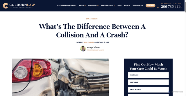 Security scan screenshot of https://www.colburnlaw.com/whats-the-difference-between-a-collision-and-a-crash/