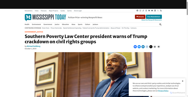 Security scan screenshot of https://mississippitoday.org/2025/10/01/splc-trump-crackdown-civil-rights-nonprofits-mississippi/