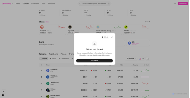 Security scan screenshot of https://web-web-embed-iframe-test-harness-uniswap.vercel.app/explore/tokens/robinhood/0x020bfc650a365f8bb26819deaabf3e21291018b4?chain=multichain