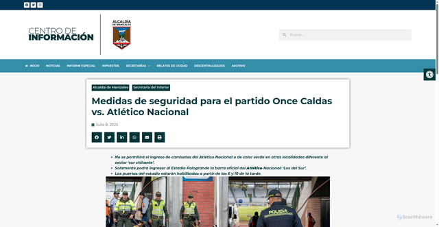 Security scan screenshot of https://centrodeinformacion.manizales.gov.co/medidas-de-seguridad-partido-once-caldas-vs-atletico-nacional/