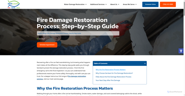 Security scan screenshot of https://serclean.com/blog/fire-damage-restoration-process-step-by-step-guide/