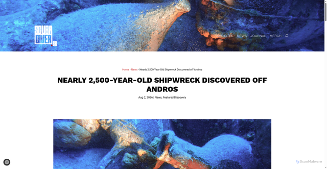 Security scan screenshot of https://scubadiver.gr/news/2500-year-old-shipwreck-discovered-andros/
