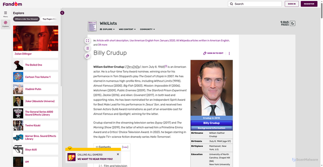 Security scan screenshot of https://list.fandom.com/wiki/Billy_Crudup