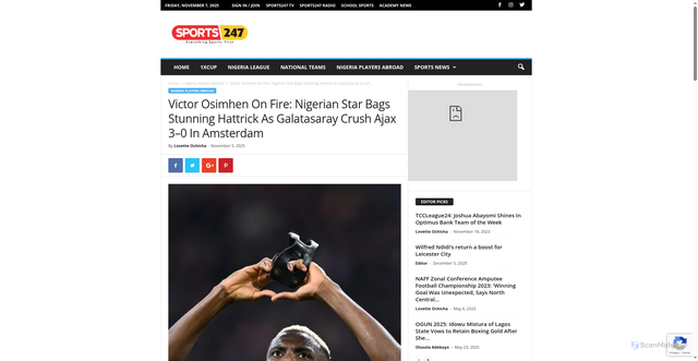 Security scan screenshot of https://www.sports247.ng/victor-osimhen-on-fire-nigerian-star-bags-stunning-hattrick-as-galatasaray-crush-ajax-3-0-in-amsterdam/