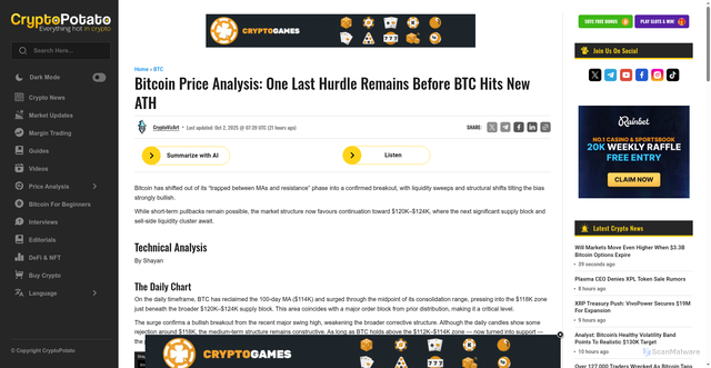 Security scan screenshot of https://cryptopotato.com/bitcoin-price-analysis-one-last-hurdle-remainsbefore-btc-hits-new-ath/