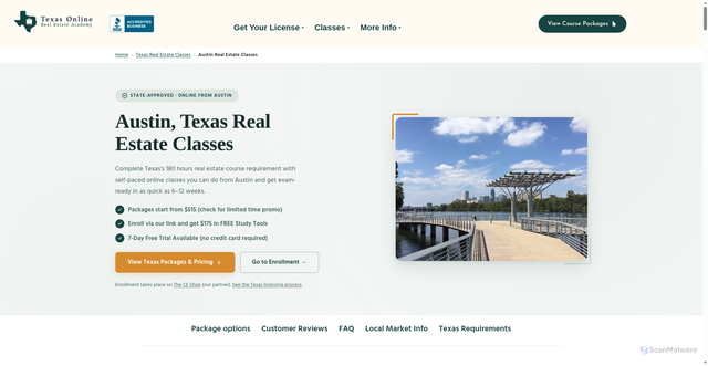 Security scan screenshot of https://texasonlinerealestateacademy.com/austin-texas-real-estate-license-classes/