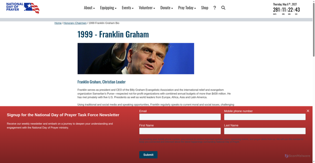 Security scan screenshot of https://www.nationaldayofprayer.org/honorary_chairmen/1999_franklin_graham_bio