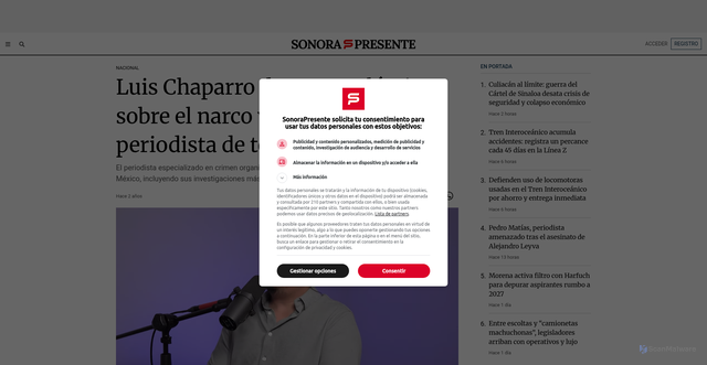 Security scan screenshot of https://sonorapresente.com/2024/12/luis-chaparro-destapa-polemicas-sobre-el-narco-y-como-es-ser-periodista-de-temas-delicados/