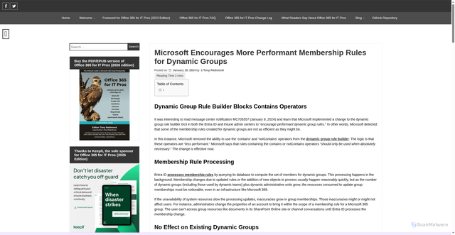 Security scan screenshot of https://office365itpros.com/2024/01/19/dynamic-group-rule-builder/