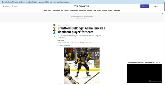 Security scan screenshot of https://www.brantfordexpositor.ca/sports/local-sports/brantford-bulldogs-adam-jiricek-a-dominant-player-for-team