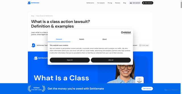 Security scan screenshot of https://www.settlemate.io/blog/what-is-class-action-lawsuit