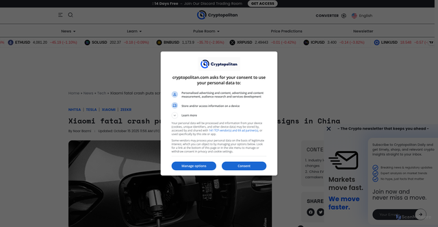 Security scan screenshot of https://www.cryptopolitan.com/xiaomi-crash-scrutiny-on-ev-door-designs/