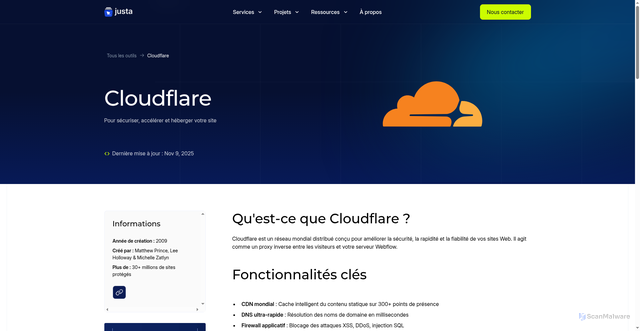 Security scan screenshot of https://justa-public-site.beveillard.workers.dev/outils/cloudflare