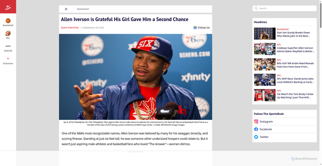 Security scan screenshot of https://thesportsrush.com/nba-news-allen-iverson-is-grateful-his-girl-gave-him-a-second-chance/