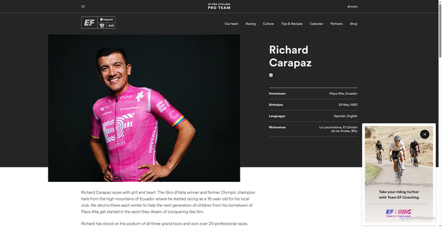 Security scan screenshot of https://www.efprocycling.com/our-team/richard-carapaz/