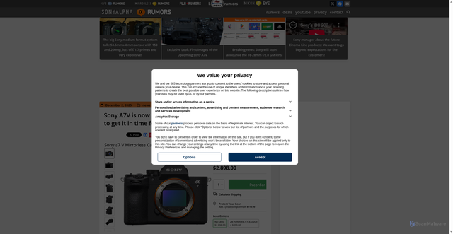 Security scan screenshot of https://www.sonyalpharumors.com/sony-a7v-is-now-officially-announced-pre-order-it-today-to-get-it-in-time-for-christmas/