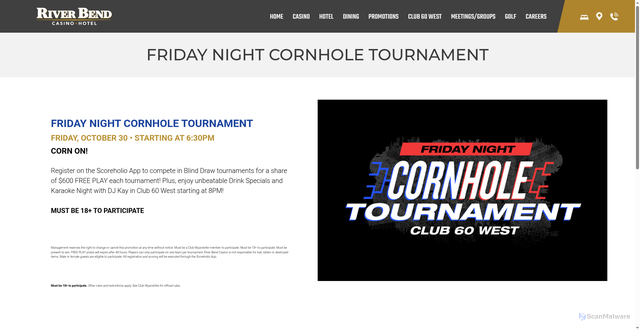Security scan screenshot of https://riverbendcasino.com/promotions/friday-night-cornhole-tournament