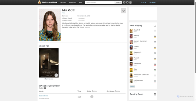 Security scan screenshot of https://thereviewmonk.com/person/mia-goth/