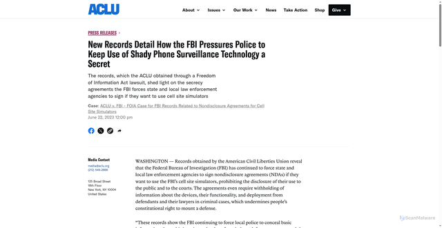 Security scan screenshot of https://live-aclu-wp.pantheonsite.io/press-releases/new-records-detail-how-the-fbi-pressures-police-to-keep-use-of-shady-phone-surveillance-technology-a-secret/