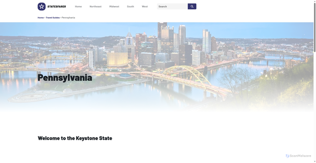 Security scan screenshot of https://statesfarer.com/travel-guides/pennsylvania/