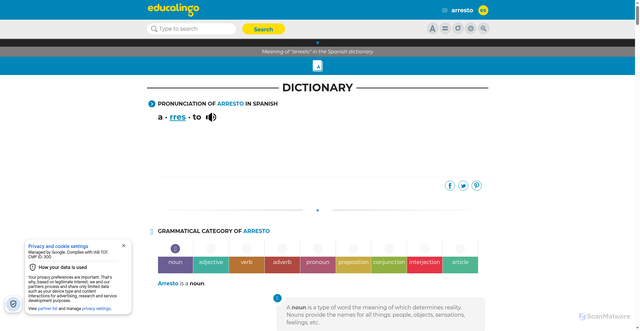 Security scan screenshot of https://educalingo.com/en/dic-es/arresto