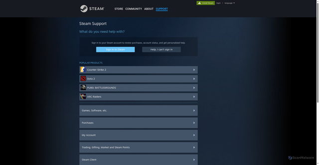 Security scan screenshot of https://help.steampowered.com/