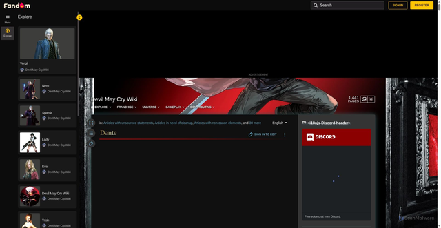 Security scan screenshot of https://devilmaycry.fandom.com/wiki/Dante