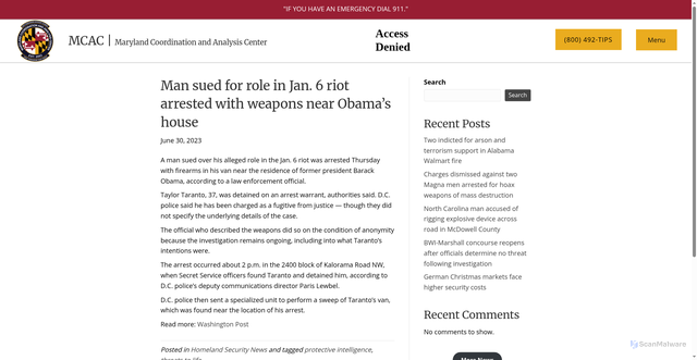 Security scan screenshot of https://mcac.maryland.gov/2023/06/man-sued-for-role-in-jan-6-riot-arrested-with-weapons-near-obamas-house/