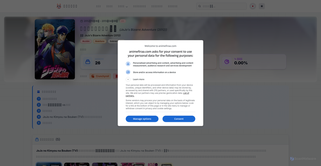 Security scan screenshot of https://animefiraa.com/anime/jojo-no-kimyou-na-bouken-tv