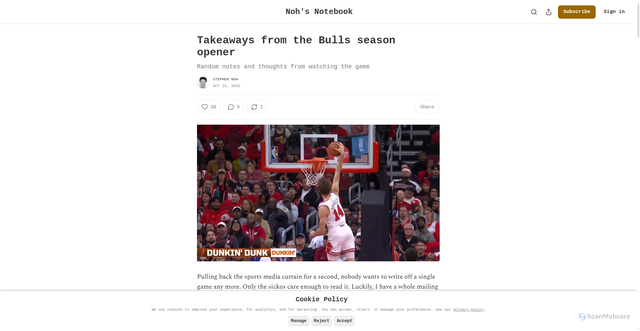 Security scan screenshot of https://stephnoh.substack.com/p/takeaways-from-the-bulls-season-opener