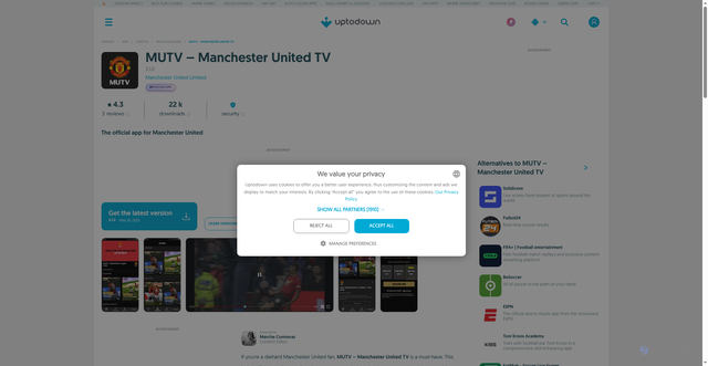 Security scan screenshot of https://mutv-manchester-united-tv.en.uptodown.com/android