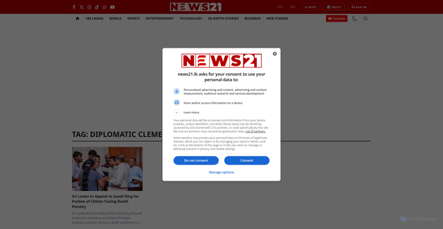 Security scan screenshot of https://www.news21.lk/english/tag/diplomatic-clemency