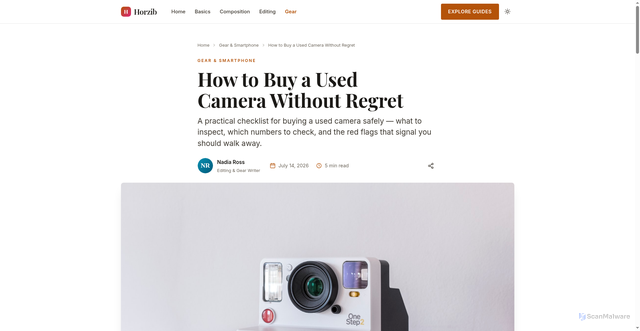 Security scan screenshot of https://horzib.pages.dev/how-to-buy-a-used-camera-without-regret/