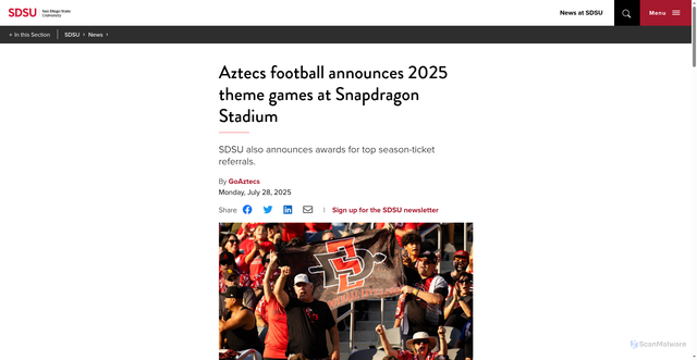 Security scan screenshot of https://www.sdsu.edu/news/2025/07/san-diego-state-announces-2025-theme-games-at-snapdragon-stadium