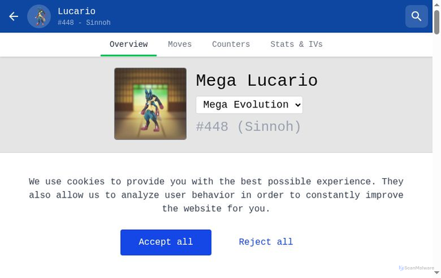 Security scan screenshot of https://pokemon.gameinfo.io/en/pokemon/448-lucario/mega-evolution