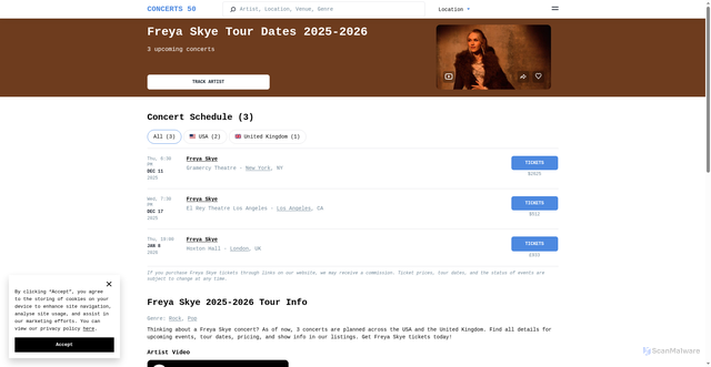 Security scan screenshot of https://concerts50.com/artists/freya-skye-tour-dates