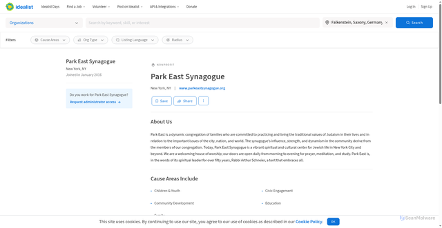 Security scan screenshot of https://www.idealist.org/en/nonprofit/1113ad0669fe41a5a7c5b898c2f6d51f-park-east-synagogue-new-york