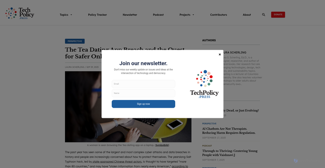 Security scan screenshot of https://techpolicy.press/the-tea-dating-app-breach-and-the-quest-for-safer-online-platforms