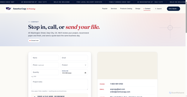 Security scan screenshot of https://americacopywebsite.pages.dev/contact