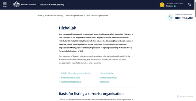 Security scan screenshot of https://www.nationalsecurity.gov.au/what-australia-is-doing/terrorist-organisations/listed-terrorist-organisations/hizballah