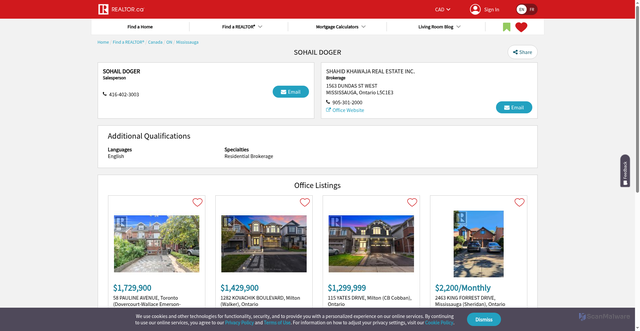 Security scan screenshot of https://www.realtor.ca/agent/1766109/sohail-doger-1563-dundas-st-west-mississauga-ontario-l5c1e3