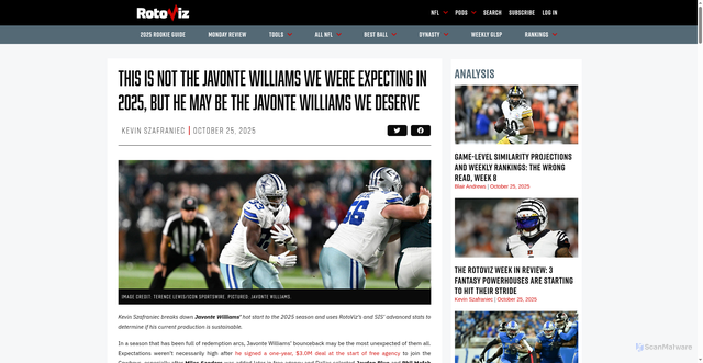 Security scan screenshot of https://www.rotoviz.com/2025/10/this-is-not-the-javonte-williams-we-were-expecting-in-2025-but-he-may-be-the-javonte-williams-we-deserve/