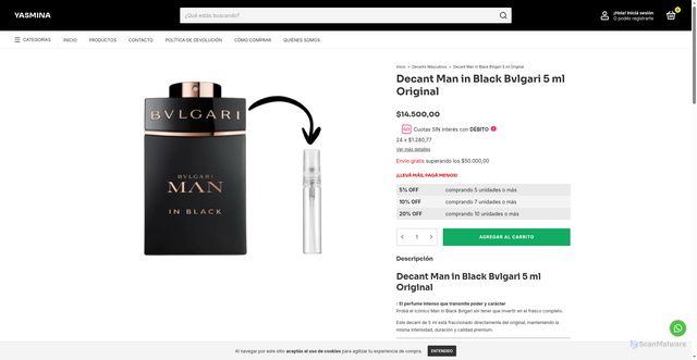 Security scan screenshot of https://yasminaparfum.com.ar/productos/decant-man-in-black-bvlgari-5-ml-original/