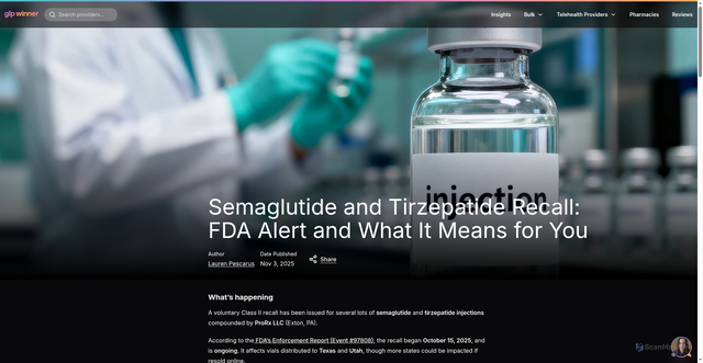 Security scan screenshot of https://www.glpwinner.com/insights/semaglutide-and-tirzepatide-recall-fda-alert-and-what-it-means-for-you